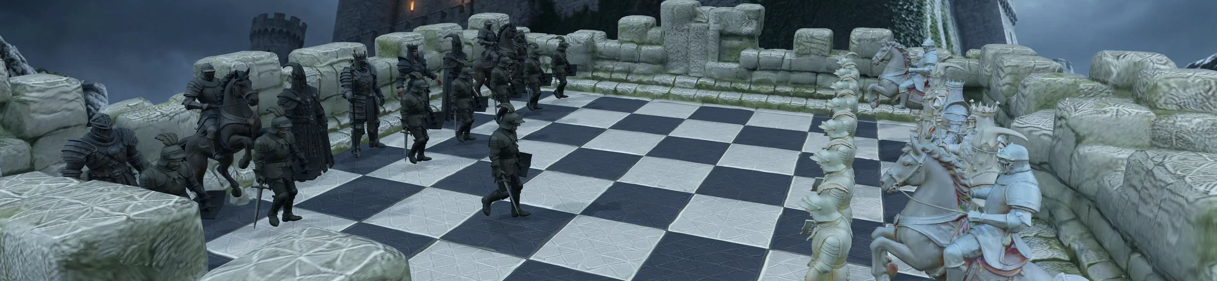 Wide panoramic view of a full 3D chess battle along the castle battlements